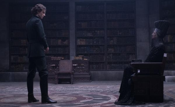 Paul (Timothee Chalamet) and the Bene Gesserit Reverend Mother (Charlotte Rampling) regard each other warily in DUNE. Paul (Timothee Chalamet) and the Bene Gesserit Reverend Mother (Charlotte Rampling) regard each other warily in DUNE.