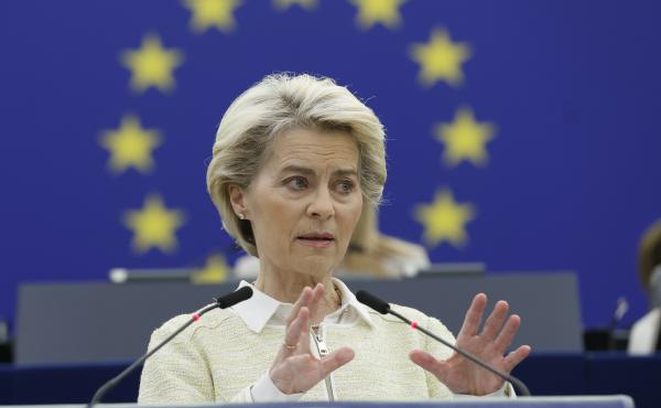 European Commission President Ursula von der Leyen delivers her speech during a debate on the social and economic consequences for the EU of the Russian war in Ukraine, Wednesday, May 4, 2022 at the European Parliament in Strasbourg, France. European Commission President Ursula von der Leyen delivers her speech during a debate on the social and economic consequences for the EU of the Russian war in Ukraine, Wednesday, May 4, 2022 at the European Parliament in Strasbourg, France.