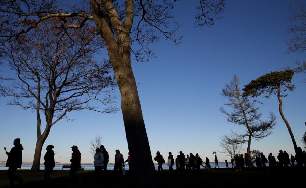 Marchers perform a Stomp Dance in Pilgrim Memorial State Park during the 48th National Day of Mourning in Plymouth, Mass., on Nov 23, 2017. Since 1970, Indigenous people have gathered at noon on Cole's Hill in Plymouth to commemorate a National Day of Mou Marchers perform a Stomp Dance in Pilgrim Memorial State Park during the 48th National Day of Mourning in Plymouth, Mass., on Nov 23, 2017. Since 1970, Indigenous people have gathered at noon on Cole's Hill in Plymouth to commemorate a National Day of Mou