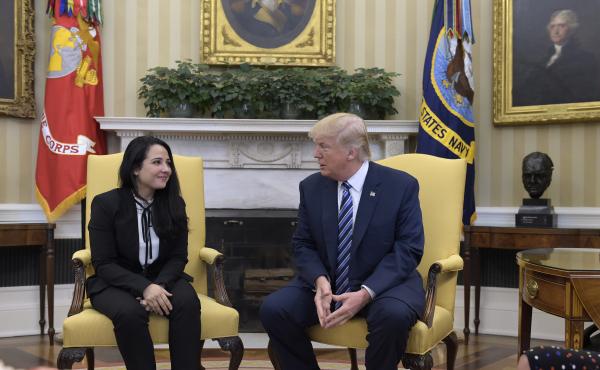 President Donald Trump meets with Aya Hijazi, an Egyptian-American aid worker, in the Oval office of the White House on Friday. President Donald Trump meets with Aya Hijazi, an Egyptian-American aid worker, in the Oval office of the White House on Friday.