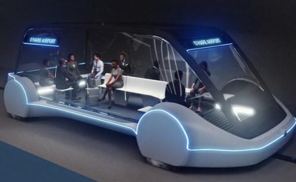 An artist's rendering shows the design of an "electric skate" vehicle that the Boring Company says could travel up to 150 mph and whisk passengers to and from Chicago's O'Hare Airport in minutes. An artist's rendering shows the design of an "electric skate" vehicle that the Boring Company says could travel up to 150 mph and whisk passengers to and from Chicago's O'Hare Airport in minutes.