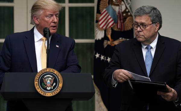 President Trump and U.S. Attorney General William Barr announce the Trump administration's decision to back down from its push for a citizenship question in the White House Rose Garden in July. President Trump and U.S. Attorney General William Barr announce the Trump administration's decision to back down from its push for a citizenship question in the White House Rose Garden in July.