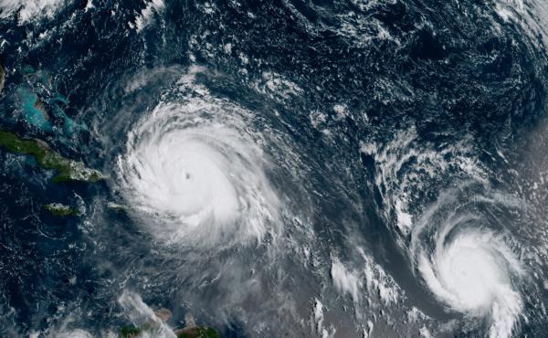 A satellite image from September 2017 shows Hurricane Irma, left, and Hurricane Jose, right, in the Atlantic Ocean. NOAA says the average annual number of tropical storms in the Atlantic has slightly increased. A satellite image from September 2017 shows Hurricane Irma, left, and Hurricane Jose, right, in the Atlantic Ocean. NOAA says the average annual number of tropical storms in the Atlantic has slightly increased.