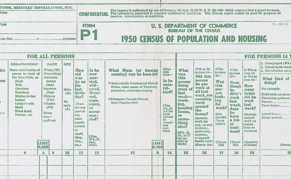 The 1950 census form asked where respondents were born and whether they were naturalized. The 1950 census form asked where respondents were born and whether they were naturalized.