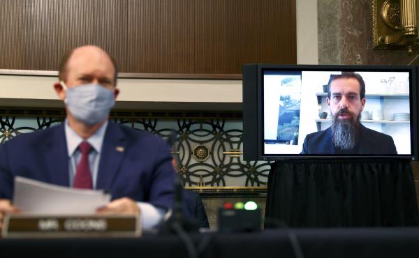 Twitter CEO Jack Dorsey testifies remotely during a Senate Judiciary Committee hearing about how social media companies handled election misinformation. Twitter CEO Jack Dorsey testifies remotely during a Senate Judiciary Committee hearing about how social media companies handled election misinformation.