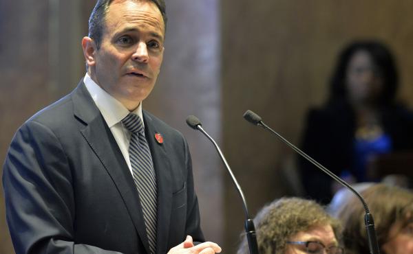 Kentucky Gov. Matt Bevin, a Republican, speaks to state legislators in 2018. Bevin, who is running for re-election this fall, asked the federal government to impose work requirements on many people who receive Medicaid. Bevin's predecessor, a Democrat, di Kentucky Gov. Matt Bevin, a Republican, speaks to state legislators in 2018. Bevin, who is running for re-election this fall, asked the federal government to impose work requirements on many people who receive Medicaid. Bevin's predecessor, a Democrat, di