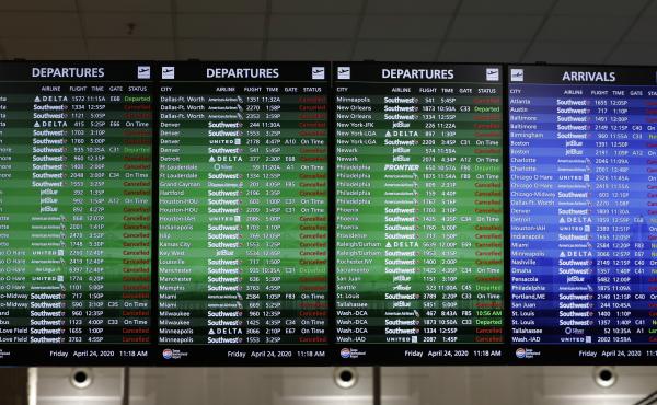 An airline arrival and departure board shows several canceled flights last month at the Tampa International Airport in Tampa, Fla. An airline arrival and departure board shows several canceled flights last month at the Tampa International Airport in Tampa, Fla.