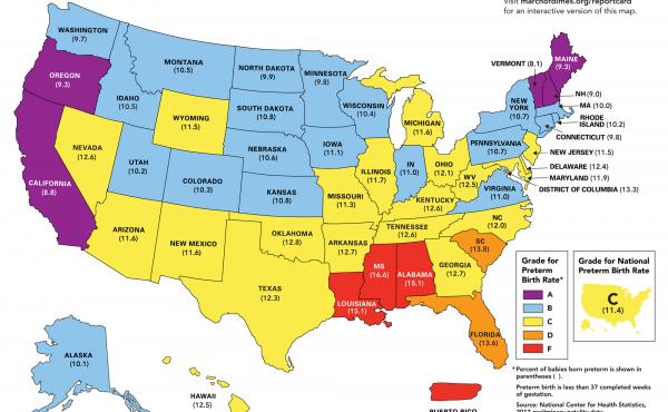 The March of Dimes gives the United States an overall "C" grade in preventing preterm births. The March of Dimes gives the United States an overall "C" grade in preventing preterm births.