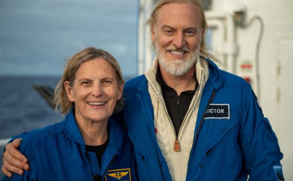 Kathy Sullivan and pilot Victor Vescovo, seen after their dive to Challenger Deep. Kathy Sullivan and pilot Victor Vescovo, seen after their dive to Challenger Deep.