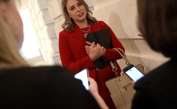 Then-Rep. Katie Hill answers questions from reporters at the U.S. Capitol following her final speech on the floor of the House of Representatives Oct. 31, 2019 in Washington, D.C. Then-Rep. Katie Hill answers questions from reporters at the U.S. Capitol following her final speech on the floor of the House of Representatives Oct. 31, 2019 in Washington, D.C.