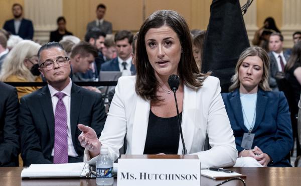 Cassidy Hutchinson, former aide to Trump White House chief of staff Mark Meadows, testifies as the House select committee investigating the Jan. 6 attack on the U.S. Capitol holds a hearing at the Capitol on Tuesday. Cassidy Hutchinson, former aide to Trump White House chief of staff Mark Meadows, testifies as the House select committee investigating the Jan. 6 attack on the U.S. Capitol holds a hearing at the Capitol on Tuesday.