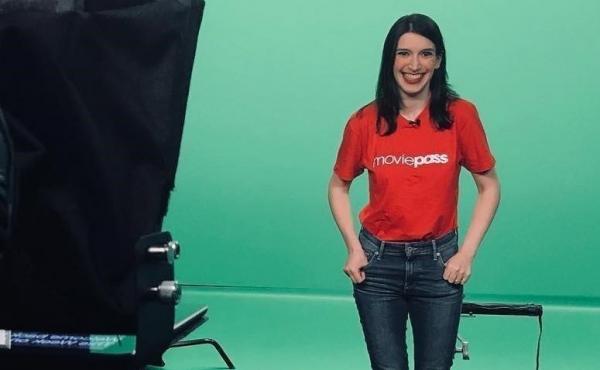 Christina Warren wears a MoviePass T-shirt, a piece of her collection of swag from dead companies. Christina Warren wears a MoviePass T-shirt, a piece of her collection of swag from dead companies.