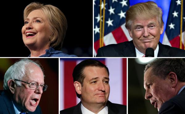 Clockwise from top left: Hillary Clinton, Donald Trump, John Kasich, Ted Cruz and Bernie Sander Clockwise from top left: Hillary Clinton, Donald Trump, John Kasich, Ted Cruz and Bernie Sander