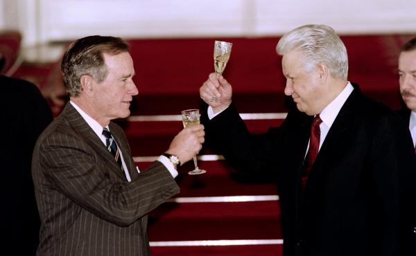 President George H.W. Bush and Russian President Boris Yeltsin toast to each other after signing an arms control treaty in January 1993 in Moscow. Bush skillfully cultivated relationships with both Yeltsin and his Soviet predecessor, Mikhail Gorbachev. President George H.W. Bush and Russian President Boris Yeltsin toast to each other after signing an arms control treaty in January 1993 in Moscow. Bush skillfully cultivated relationships with both Yeltsin and his Soviet predecessor, Mikhail Gorbachev.