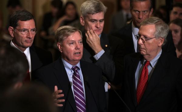 Sen. Lindsey Graham, second from left, speaks as Sen. John Barrasso, from left, Sen. Bill Cassidy, Sen. John Thune and Senate Majority Leader Sen. Mitch McConnell listen during a news briefing after the weekly Senate Republican policy luncheon on Tuesday. Sen. Lindsey Graham, second from left, speaks as Sen. John Barrasso, from left, Sen. Bill Cassidy, Sen. John Thune and Senate Majority Leader Sen. Mitch McConnell listen during a news briefing after the weekly Senate Republican policy luncheon on Tuesday.