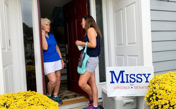Canvassing for votes in Virginia Beach, Democrat Missy Cotter Smasal meets voter Mildred Manger. "It's just stupid that everybody has to have a gun," Manger says. "I mean, give me a break!" Canvassing for votes in Virginia Beach, Democrat Missy Cotter Smasal meets voter Mildred Manger. "It's just stupid that everybody has to have a gun," Manger says. "I mean, give me a break!"