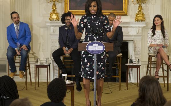 Michelle Obama speaks during a 2016 event at the White House with the cast of the Broadway play "Hamilton." Michelle Obama speaks during a 2016 event at the White House with the cast of the Broadway play "Hamilton."