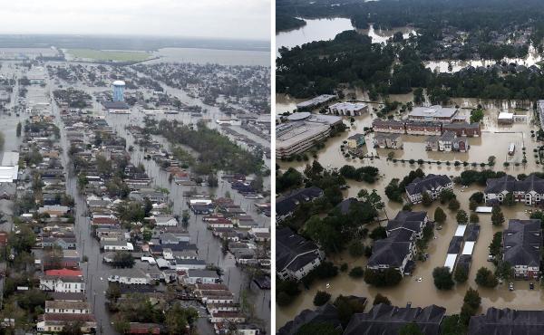 (Left) Flooded neigborhoods can be seen in New Orleans in 2005. (Right) Flooded homes are shown near Lake Houston following Hurricane Harvey on Aug. 30. (Left) Flooded neigborhoods can be seen in New Orleans in 2005. (Right) Flooded homes are shown near Lake Houston following Hurricane Harvey on Aug. 30.