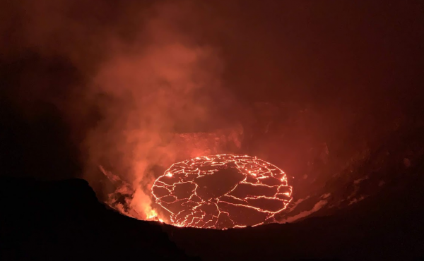 Crews observe the continuing eruption in Halema'uma'u at Kilauea in the early morning of Dec. 28. Overnight, the western vent in the wall of Halema'uma'u continued to erupt. Crews observe the continuing eruption in Halema'uma'u at Kilauea in the early morning of Dec. 28. Overnight, the western vent in the wall of Halema'uma'u continued to erupt.