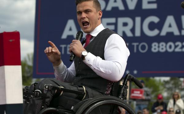 Rep. Madison Cawthorn speaks before a rally for former U.S. President Donald Trump at The Farm at 95 on April 9, 2022 in Selma, North Carolina. Rep. Madison Cawthorn speaks before a rally for former U.S. President Donald Trump at The Farm at 95 on April 9, 2022 in Selma, North Carolina.