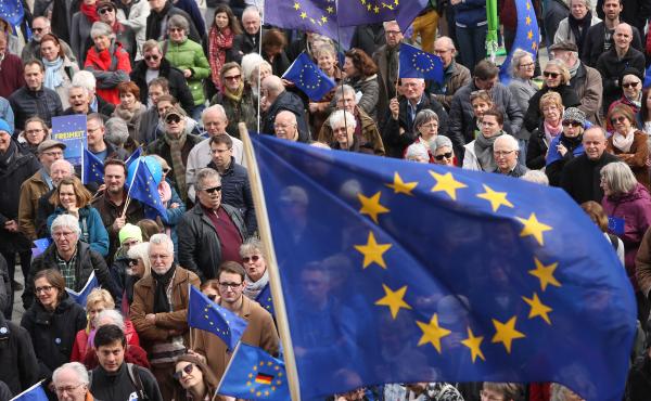 Pro-European Union demonstrators march in Berlin on March 31. Pro-European Union demonstrators march in Berlin on March 31.