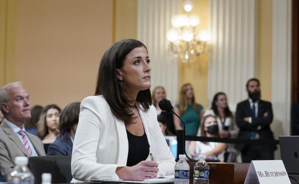 Cassidy Hutchinson, former aide to Trump White House chief of staff Mark Meadows, testifies as the House select committee investigating the Jan. 6 attack on the U.S. Capitol in Washington on Tuesday. Cassidy Hutchinson, former aide to Trump White House chief of staff Mark Meadows, testifies as the House select committee investigating the Jan. 6 attack on the U.S. Capitol in Washington on Tuesday.