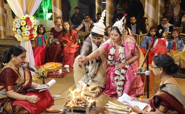 Sharmistha Chaudhuri (center, wearing pink), 35, at her wedding in Kolkata, India, in January 2020. Chaudhuri found some Indian wedding traditions retrograde, so she hired four feminist priestesses to officiate at hers. They performed a multilingual, egal Sharmistha Chaudhuri (center, wearing pink), 35, at her wedding in Kolkata, India, in January 2020. Chaudhuri found some Indian wedding traditions retrograde, so she hired four feminist priestesses to officiate at hers. They performed a multilingual, egal