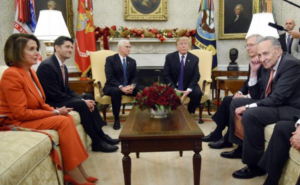 President Trump and Vice President Pence meet with congressional leadership (on couches from left) House Minority Leader Nancy Pelosi, House Speaker Paul Ryan, Senate Majority Leader Mitch McConnell and Senate Minority Leader Chuck Schumer in the Oval Off President Trump and Vice President Pence meet with congressional leadership (on couches from left) House Minority Leader Nancy Pelosi, House Speaker Paul Ryan, Senate Majority Leader Mitch McConnell and Senate Minority Leader Chuck Schumer in the Oval Off
