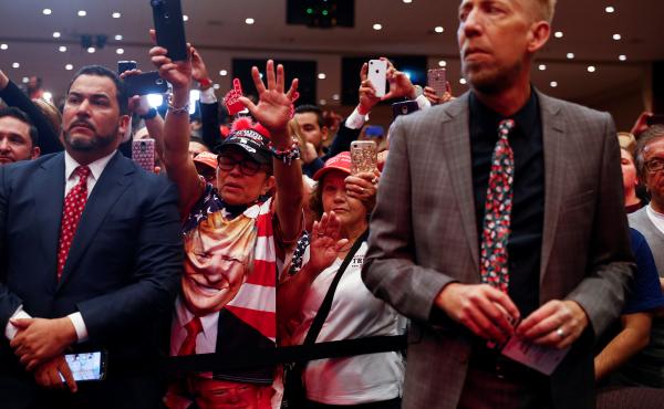 Audience members react as President Trump delivers remarks in January 2020 at an Evangelicals for Trump coalition launch at the King Jesus International Ministry in Miami. Audience members react as President Trump delivers remarks in January 2020 at an Evangelicals for Trump coalition launch at the King Jesus International Ministry in Miami.