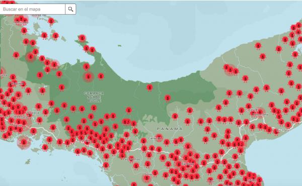 Doviaza's maps overlay the daily number of COVID cases reported by the health ministry (depicted as the spike protein of the virus, shown in red) with locations of indigenous communities (dark green). Doviaza's maps overlay the daily number of COVID cases reported by the health ministry (depicted as the spike protein of the virus, shown in red) with locations of indigenous communities (dark green).