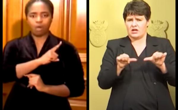 Andiswa Gebashe, left, and Nicoline Du Toit are the sign language interpreters for South African President Cyril Ramaphosa's pandemic briefings — and have become unlikely celebrities. Andiswa Gebashe, left, and Nicoline Du Toit are the sign language interpreters for South African President Cyril Ramaphosa's pandemic briefings — and have become unlikely celebrities.