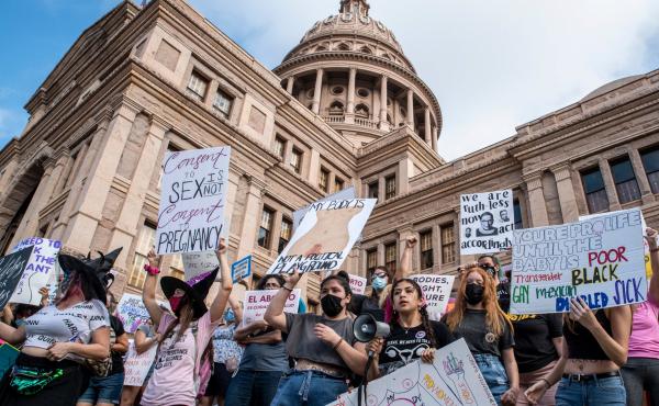 Protesters take part in the Women's March and Rally for Abortion Justice in Austin, Texas, on Oct. 2. The demonstration targeted Senate Bill 8, a state law that bans nearly all abortions as early as six weeks in a pregnancy, making no exceptions for survi Protesters take part in the Women's March and Rally for Abortion Justice in Austin, Texas, on Oct. 2. The demonstration targeted Senate Bill 8, a state law that bans nearly all abortions as early as six weeks in a pregnancy, making no exceptions for survi