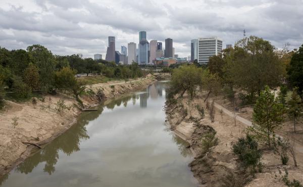 A view of Buffalo Bayou and downtown Houston. The dirt along the banks shows the extent of the flooding during Hurricane Harvey. A view of Buffalo Bayou and downtown Houston. The dirt along the banks shows the extent of the flooding during Hurricane Harvey.