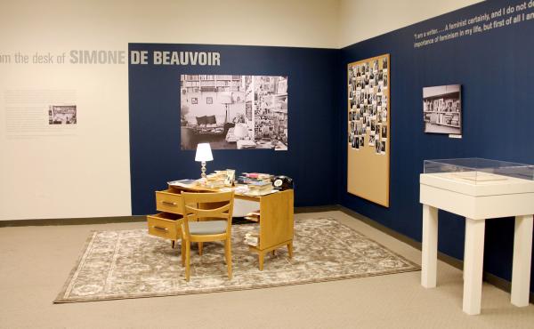 "From the Desk of Simone de Beauvoir" invites visitors to sit down and explore a replica of the French feminist's desk. "From the Desk of Simone de Beauvoir" invites visitors to sit down and explore a replica of the French feminist's desk.