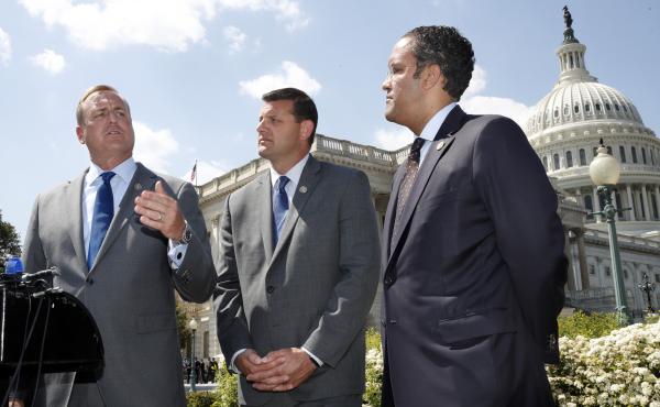 Rep. Jeff Denham, R-Calif., (left) speaks next to Rep. David Valadao, R-Calif., and Rep. Will Hurd, R-Texas, during a May 9 news conference on a discharge petition to force votes on immigration legislation. Rep. Jeff Denham, R-Calif., (left) speaks next to Rep. David Valadao, R-Calif., and Rep. Will Hurd, R-Texas, during a May 9 news conference on a discharge petition to force votes on immigration legislation.