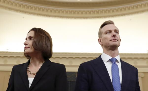 Former White House national security aide Fiona Hill and David Holmes, a U.S. diplomat in Ukraine, return from a break to continue their testimony before the House Intelligence Committee on Thursday. Former White House national security aide Fiona Hill and David Holmes, a U.S. diplomat in Ukraine, return from a break to continue their testimony before the House Intelligence Committee on Thursday.
