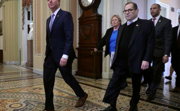 L-R: Rep. Adam Schiff, Rep. Zoe Lofgren, Rep. Jerrold Nadler and Rep. Hakeem Jeffries head toward the Senate Chamber before the start of President Trump's impeachment trial Wednesday. L-R: Rep. Adam Schiff, Rep. Zoe Lofgren, Rep. Jerrold Nadler and Rep. Hakeem Jeffries head toward the Senate Chamber before the start of President Trump's impeachment trial Wednesday.