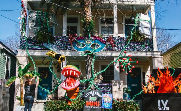 Just because the Mardi Gras parades are canceled, it hasn't stopped people's creativity. The "Little Shop of 2020 Horrors" house float is in the Algiers Point neighborhood of New Orleans. Just because the Mardi Gras parades are canceled, it hasn't stopped people's creativity. The "Little Shop of 2020 Horrors" house float is in the Algiers Point neighborhood of New Orleans.