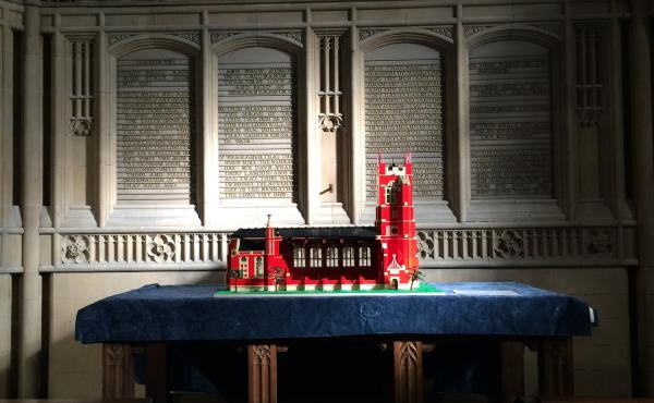 A Lego model of All Souls Church rests on the altar, which was retained when the Bolton, England, church was renovated into an interfaith community center. The model was built by children taking part in an after-school program there. A Lego model of All Souls Church rests on the altar, which was retained when the Bolton, England, church was renovated into an interfaith community center. The model was built by children taking part in an after-school program there.