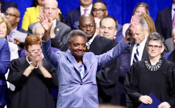 Lori Lightfoot, who won a landslide victory in Chicago's runoff election, was sworn in as mayor on Monday. Lori Lightfoot, who won a landslide victory in Chicago's runoff election, was sworn in as mayor on Monday.
