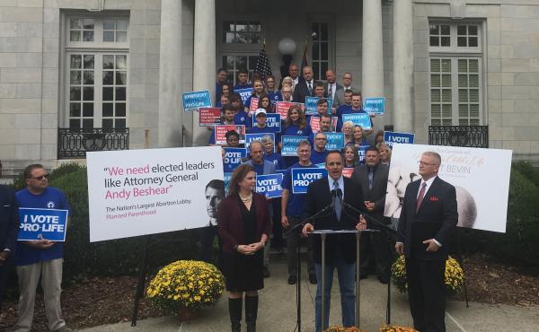 Republican Gov. Matt Bevin campaigns outside the governor's mansion in Frankfort, Ky., with anti-abortion-rights activists. Bevin has been a consistent and vocal opponent of abortion rights in Kentucky. Republican Gov. Matt Bevin campaigns outside the governor's mansion in Frankfort, Ky., with anti-abortion-rights activists. Bevin has been a consistent and vocal opponent of abortion rights in Kentucky.