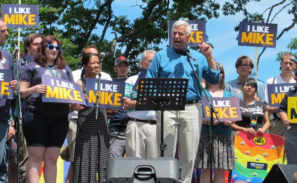 Democratic Rep. Mike Michaud speaks at the Pride Parade and Festival in Portland, Maine, on June 21. Michaud, who is openly gay, is running for governor with the backing of national LGBT groups. Democratic Rep. Mike Michaud speaks at the Pride Parade and Festival in Portland, Maine, on June 21. Michaud, who is openly gay, is running for governor with the backing of national LGBT groups.