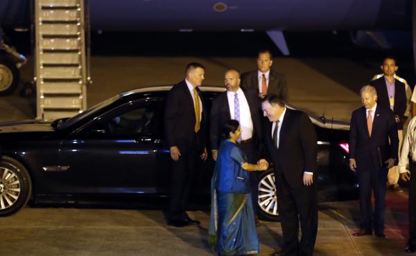 Secretary of State Mike Pompeo is greeted by Indian External Affairs Minister Sushma Swaraj on his arrival at the airport in New Delhi on Wednesday. Secretary of State Mike Pompeo is greeted by Indian External Affairs Minister Sushma Swaraj on his arrival at the airport in New Delhi on Wednesday.