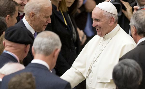 Pope Francis shakes hands with Joe Biden, then vice president, at the Vatican, in 2016. Pope Francis shakes hands with Joe Biden, then vice president, at the Vatican, in 2016.