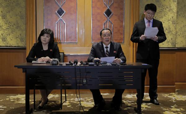 North Korean Foreign Minister Ri Yong Ho (center) addressed why talks between President Trump and North Korean leader Kim Jong Un ended with no deal, at a news conference in Hanoi, Vietnam, on Thursday. North Korean Foreign Minister Ri Yong Ho (center) addressed why talks between President Trump and North Korean leader Kim Jong Un ended with no deal, at a news conference in Hanoi, Vietnam, on Thursday.