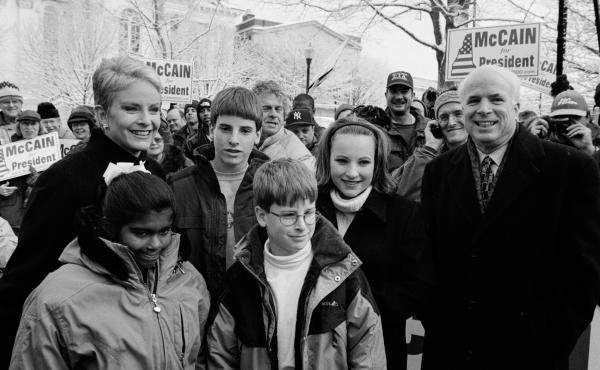 John McCain attends a rally in the park on Jan. 31, 2000 in Keene, NH, with his family (from left to right) daughter Bridget (8), wife Cindy, sons Jack (13) and Jimmy (10), and daughter Meghan (15). John McCain attends a rally in the park on Jan. 31, 2000 in Keene, NH, with his family (from left to right) daughter Bridget (8), wife Cindy, sons Jack (13) and Jimmy (10), and daughter Meghan (15).