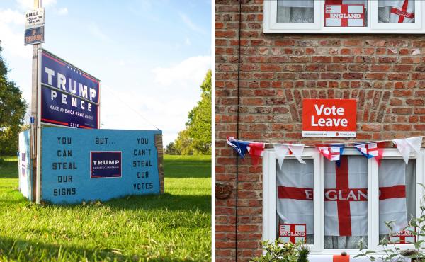 (Left) Donald Trump signs are displayed outside a residence Oct. 22, in Abbottstown, Pa. (Right) English flags and a 'Vote Leave' poster are displayed on a house in Redcar, north east England on June 27, after Britain voted to leave the European Union. (Left) Donald Trump signs are displayed outside a residence Oct. 22, in Abbottstown, Pa. (Right) English flags and a 'Vote Leave' poster are displayed on a house in Redcar, north east England on June 27, after Britain voted to leave the European Union.