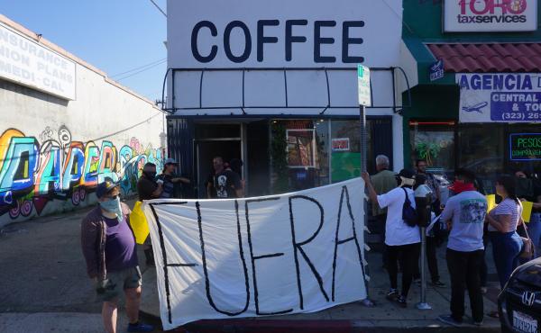 Anti-gentrification activists staged a protest outside Weird Wave Coffee Brewers recently, chanting "Weird Cafe has got to go." Anti-gentrification activists staged a protest outside Weird Wave Coffee Brewers recently, chanting "Weird Cafe has got to go."