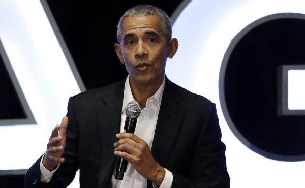 Former President Barack Obama talks during a panel with NBA players in Chicago on Feb. 15. Former President Barack Obama talks during a panel with NBA players in Chicago on Feb. 15.