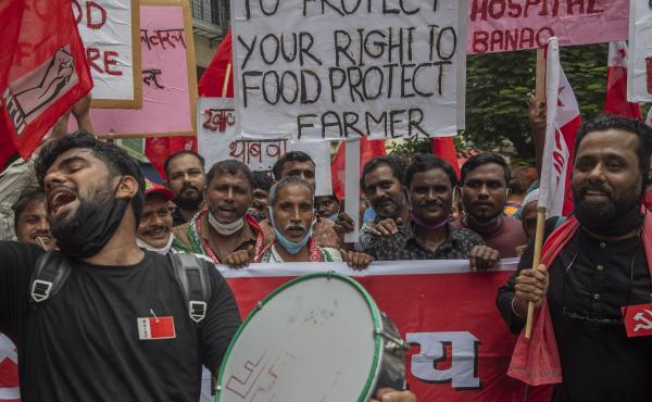 Members of Communist Party of India shout slogans during a protest against farm laws in Mumbai, India Monday, Sept. 27, 2021. The farmers called for a nation-wide strike Monday to mark one year since the legislation was passed, marking a return to protest Members of Communist Party of India shout slogans during a protest against farm laws in Mumbai, India Monday, Sept. 27, 2021. The farmers called for a nation-wide strike Monday to mark one year since the legislation was passed, marking a return to protest